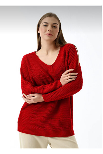 By Kuzey Aras Red V-Neck Casual Thessaloniki Knit Sweater