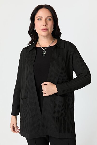 accort Büyük Beden Polo Yaka Triko Hırka-SİYAH