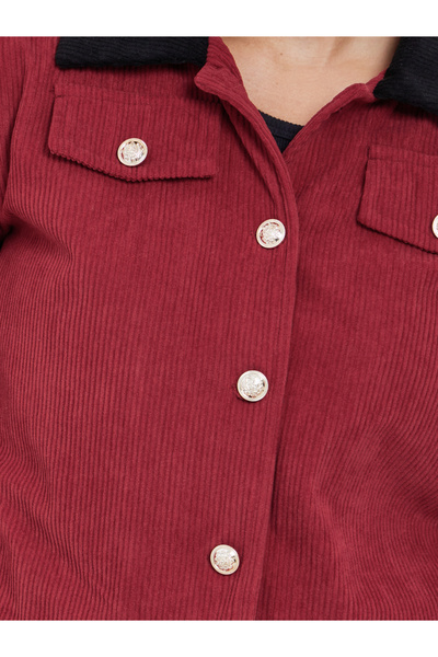 Styli Women Red Solid Cropped Corduroy Jacket with Contrast Collar