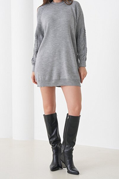 VAGGON Women's Gray Knitted Detailed Balloon Sleeve Knitwear Dress Vs01437
