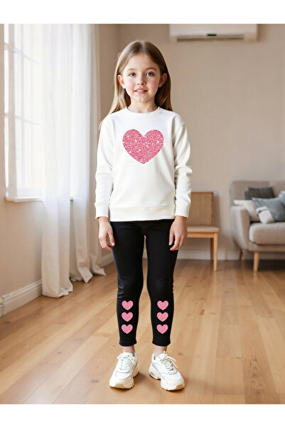 Take Two By Styli Girls Heart Print Sweatshirt and Leggings Set