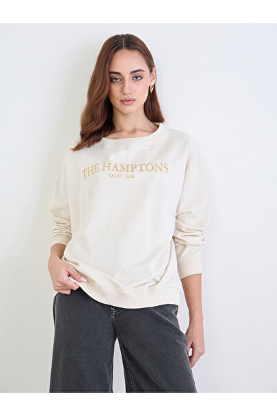 Styli Cream Embroidered Slogan Sweatshirt