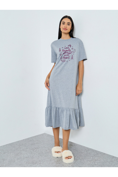 Styli Warm Heart Slogan Ruffle Hem Sleep T-Shirt Dress