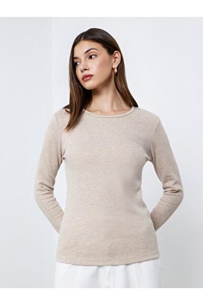Styli Cream Flat Knit Top with Long Sleeves