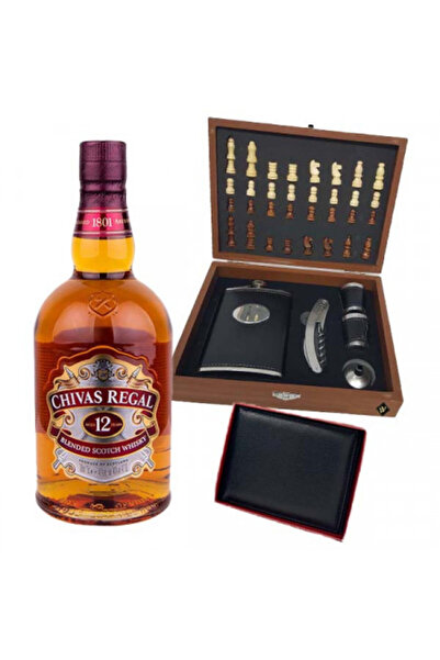 velve Set cadou VLV pentru bărbați, cutie în formă de tablă de șah, whisky Chivas Regal 12 ani 700 ml, portofel din piele naturală,