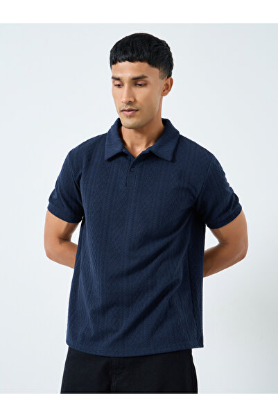 Styli Men Navy Textured Cable Knit Relaxed Polo