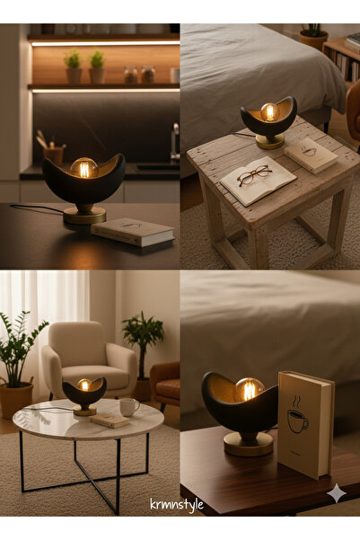 KRMNSTYLE Modern Siyah Altın Tasarım Dekoratif Masa Lambası, Şık LED Işıklı Ev ve Ofis Aydınlatma