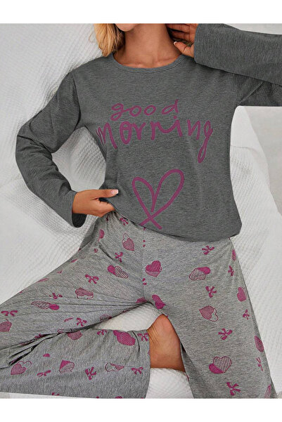 Take Two By Styli Slogan Text Print T-Shirt and Heart Print Pyjama Set