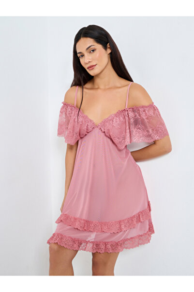 Take Two By Styli Solid Ruffle Lace Hem Cami Slip Dress