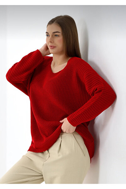 By Kuzey Aras Red V-Neck Casual Thessaloniki Knit Sweater