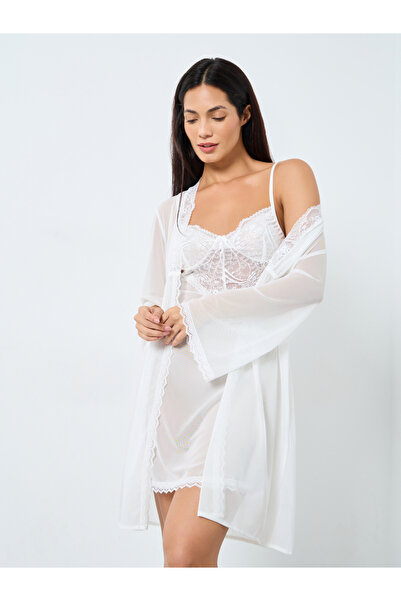 Take Two By Styli Lace Cup Mesh Slip Dress and Robe Set