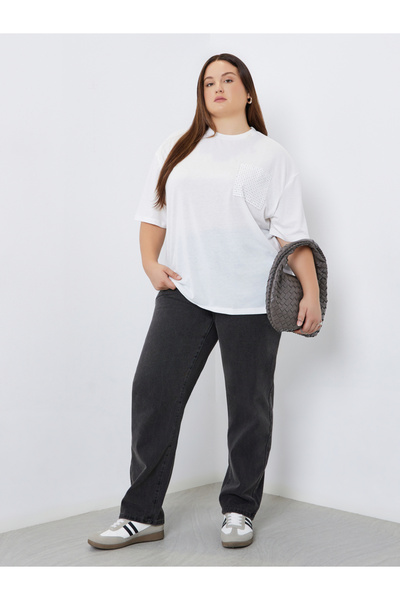 Styli Plus Size White Studded Pocket Detail T-Shirt