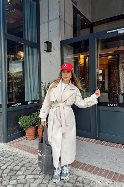 Sue Store Palton din lână supradimensionat cu mâneci bej, curea în spate, nasturi în spate, căptușit