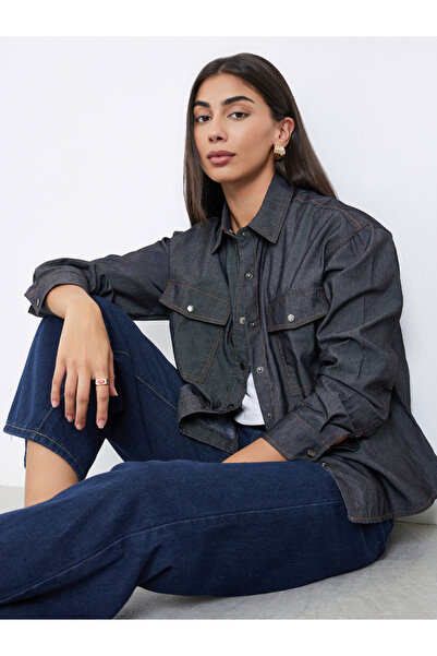 Styli Women Black Double Pocket Denim Loose Fit Shirt