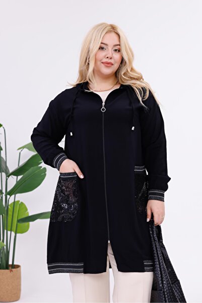 Siyezen Büyük Beden Cepleri Pul İşlemeli Fermuarlı Hırka