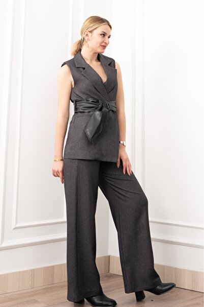 MissVina Δερμάτινο γιλέκο με ζώνη και παντελόνι με τσέπες 1282