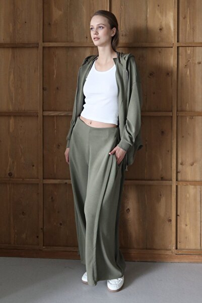 VAGGON Women's Khaki High Waist Double Pocket Palazzo Woven Trousers Vs01426