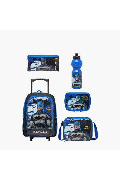 Warner Bros مجموعة حقائب مدرسية بعجلات باتمان، مكونة من 5 قطع مع حقيبة غداء وحقيبة أقلام