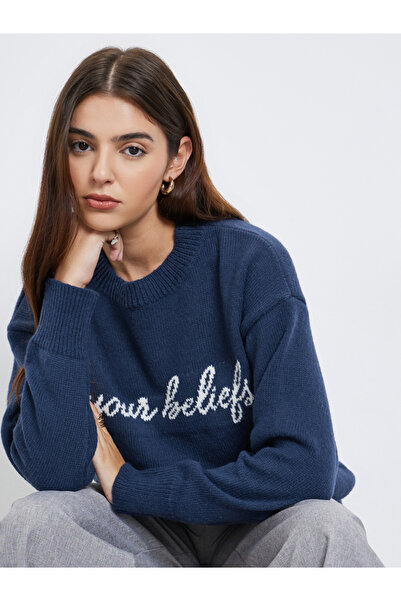 Styli Dark Blue Embroidered Slogan Sweater
