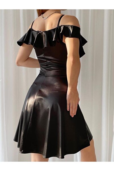 Modafeminen Off-Shoulder Ruffle Satin Dress 582218 Black