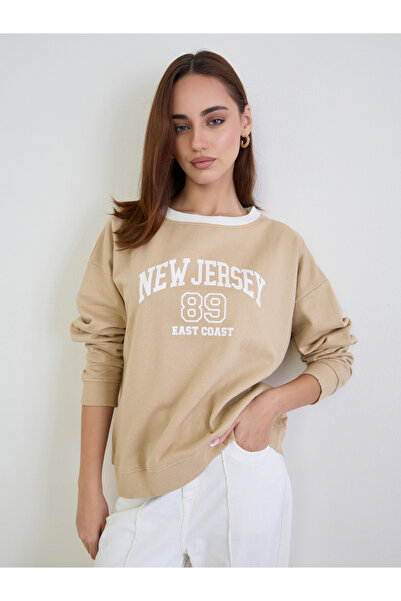 Styli Tan Graphic Print Oversized Sweatshirt
