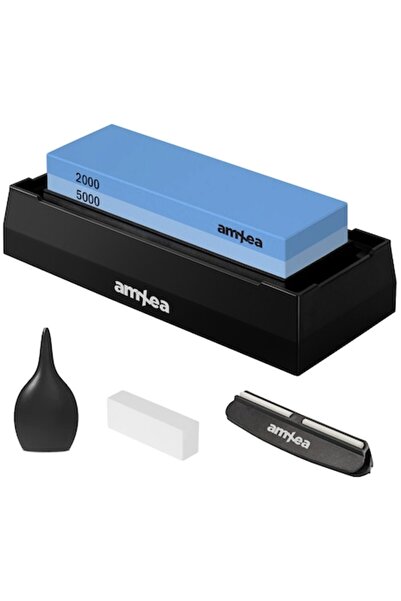 amXea Knife Sharpening Stone 2000/5000 Grit with Angle Guide, Water Pump, Non-slip Base (Black)