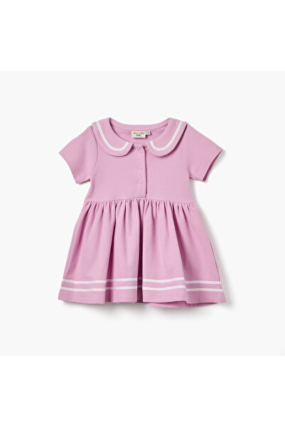 Juniors Striped Polo Dress with Short Sleeves and Button Closure