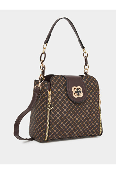 Take Two By Styli Brown Patterned Shoulder Bag with Zip Detail