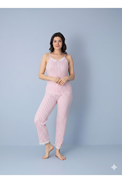 MEBA Women's Rope Strap Lace Neck and Leg Detailed Summer Green Striped Pajamas Set