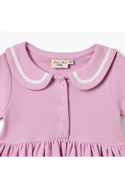 Juniors Striped Polo Dress with Short Sleeves and Button Closure