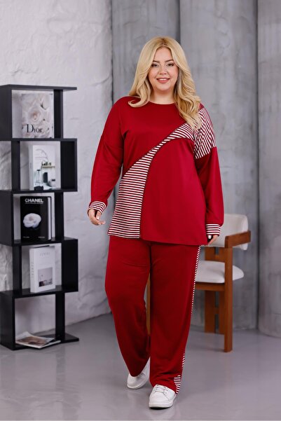 Siyezen Plus Size Striped Cotton Stretch Fabric Tracksuit Set