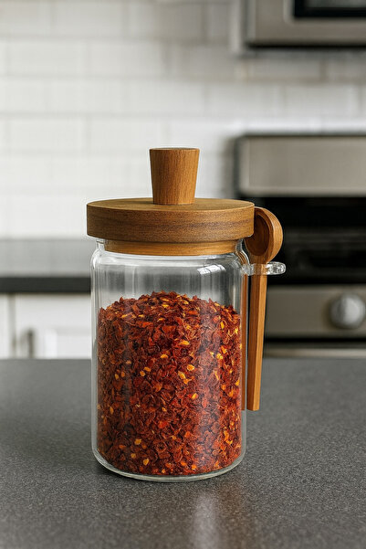 Evsun Home Collection Akasya Kapaklı ve Kaşıklı Borosilikat Cam Kavanoz 700ml