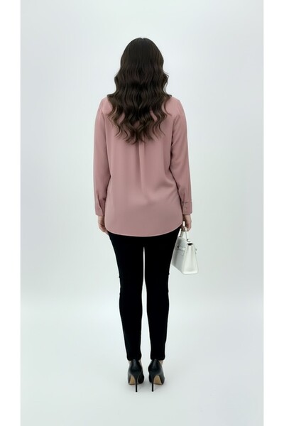 Koza Butik Women's Large Size Long Sleeve Front Break Piped Detail Flowy Fabric Shirt 1991