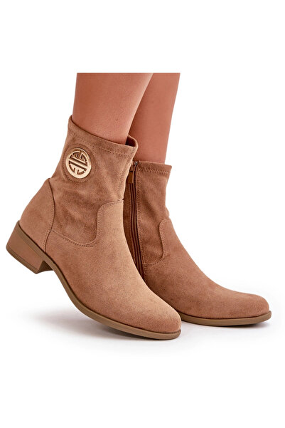 BOTO Botine Dama Cu Fermuar Si Detaliu Decorativ Eko Suede Bej Lerioria 37