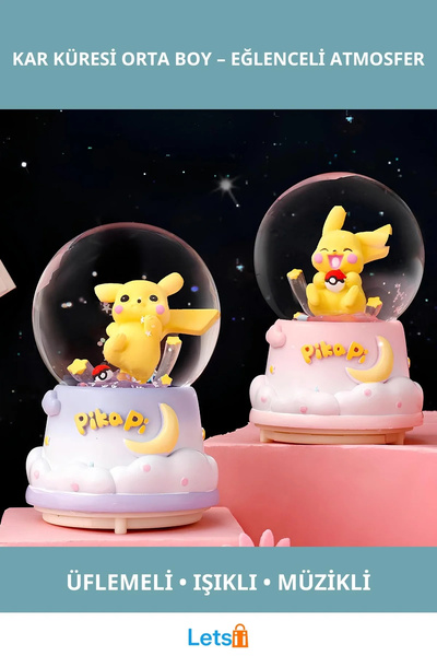 Letsii Orta Boy Pokemon Üflemeli Işıklı Müzikli Kar Küresi Pikachu