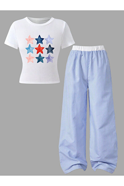 Take Two By Styli Teens Star Print T-Shirt and Striped Pants Set