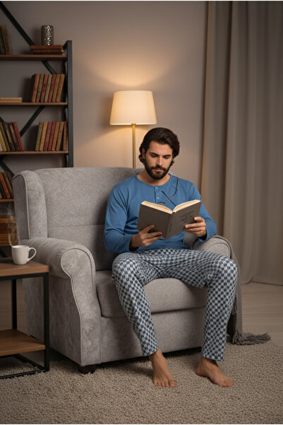 Bravie 100% Cotton Men's Combed Cotton Pajama Set with Buttoned Collar 9703 Blue