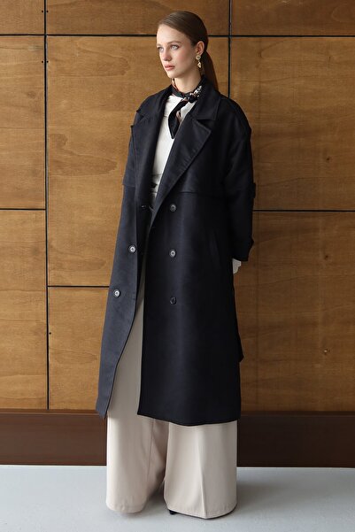 VAGGON Жіночий чорний тренч із застібкою на ґудзиках та поясом VS01431