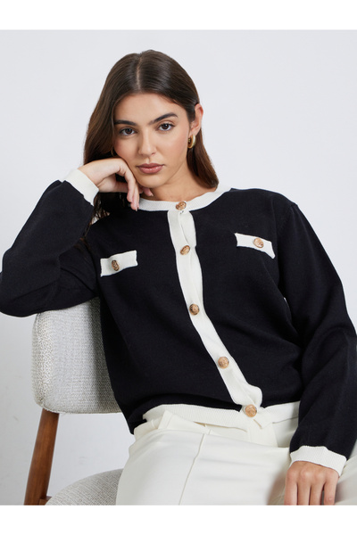 Styli Black Regular Fit Cardigan with Contrast Trim