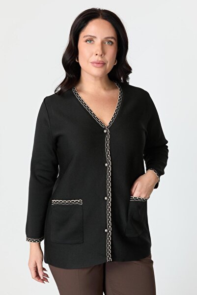 accort Büyük Beden Ribana Detaylı Triko Hırka-SİYAH