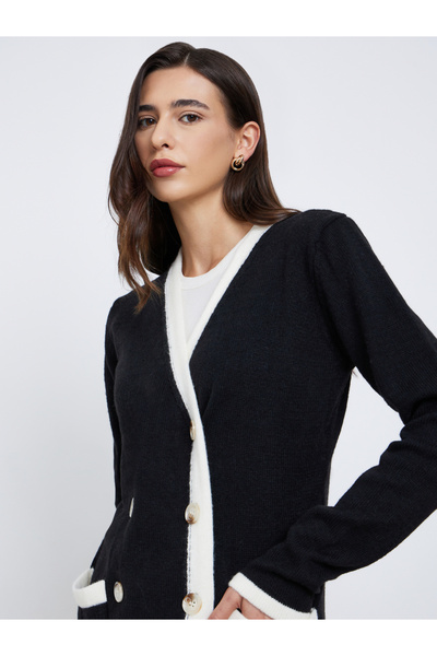 Styli Black Longline Cardigan with Contrast Trim