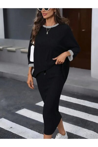 ALPACO Γυναικείο μακρυμάνικο ανοιχτό λαιμόκοψη επένδυση fleece πλέξη ριμπ Μπλούζα και φούστα με κορδόνια διπλό σετ