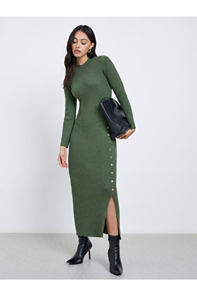 Styli Olive Side Slit Long Sleeves Sweater Maxi Dress