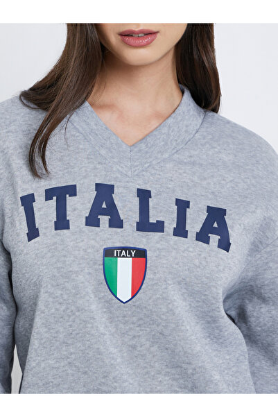 Styli Grey V Neck Sweatshirt with Dropped Shoulder