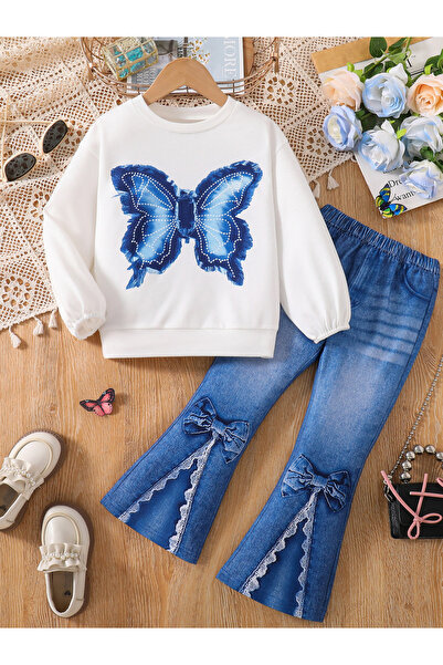 Take Two By Styli Girls Butterfly Print Top and Flare Pants Set