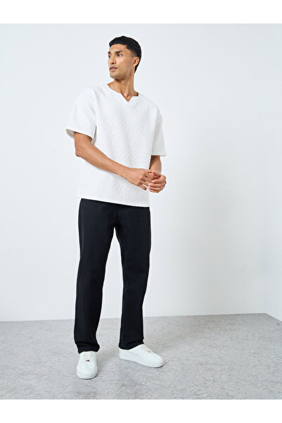 Styli White Textured Oversized Notch Neck T-Shirt