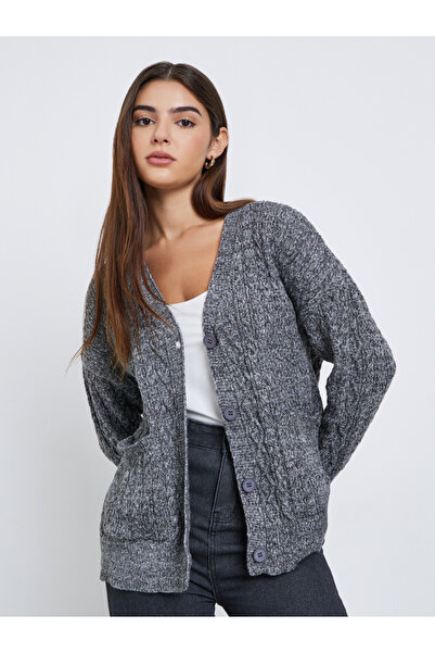 Styli Charcoal Oversized Cable Knit Cardigan