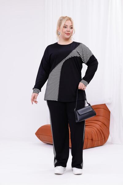 Siyezen Plus Size Striped Cotton Stretch Fabric Tracksuit Set