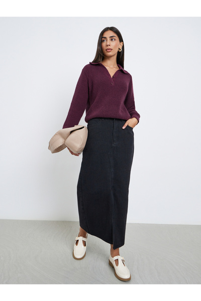 Styli Burgundy Regular Fit Knit Sweater with Button Placket