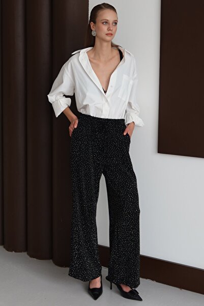 VAGGON Women's Black Lace-Up Double Pocket Stone Embroidered P Palazzo Pants Vs01434